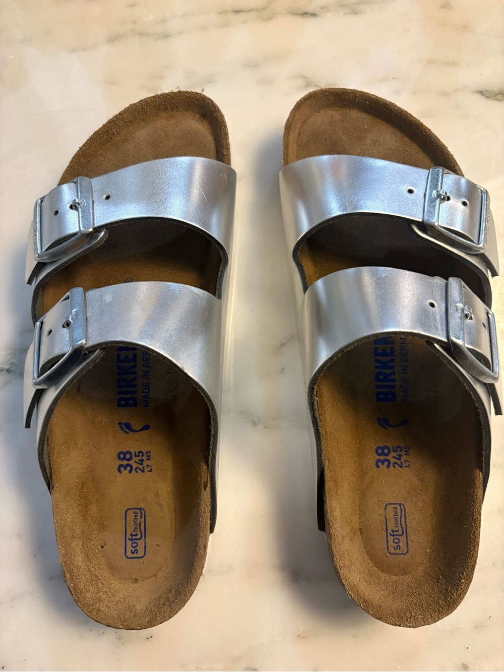 Birkenstock Arizona Silver Two-Strap Cork Sandals. Six 38.Worn once for a shoot